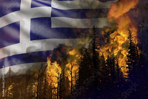 Forest fire fight concept, natural disaster - heavy fire in the woods on Greece flag background - 3D illustration of nature
