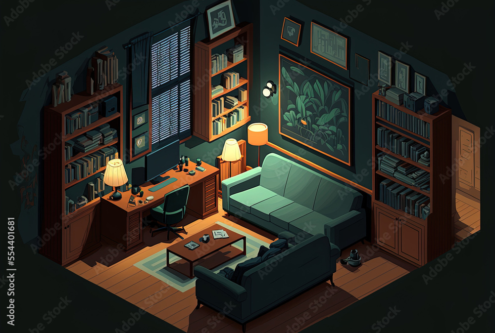 Cartoon depiction of a dark lounge interior at a home or hotel with a couch, a table, and a light in the top view of a living room with a sofa, a chair, a television on the wall, and bookcases at nigh Cartoon depiction of a dark lounge interior at a home or hotel with a couch, a table, and a light in the top view of a living room with a sofa, a chair, a television on the wall, and bookcases at nigh