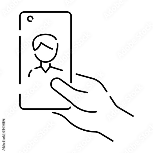 Selfie vector line icon. Take a selfie photo. cell phone front camera and selfie stick