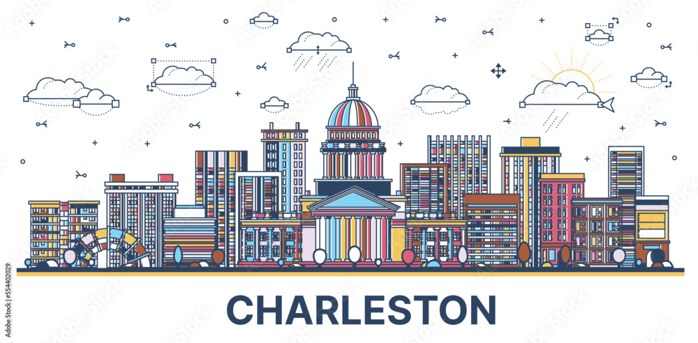 Obraz premium Outline Charleston West Virginia USA City Skyline with Modern Colored Buildings Isolated on White.