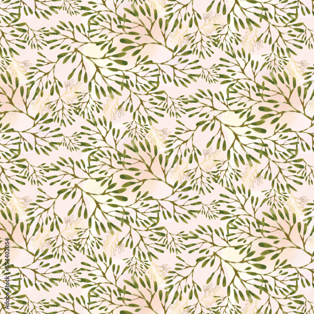 Fototapeta premium Seamless pattern with little green leaves and pink pastel watercolor background for texile, wrapping paper, backdrop. 