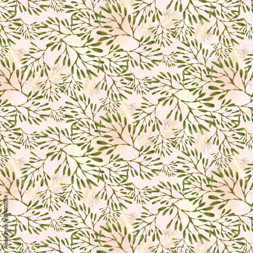 Seamless pattern with little green leaves and pink pastel watercolor background for texile, wrapping paper, backdrop. 