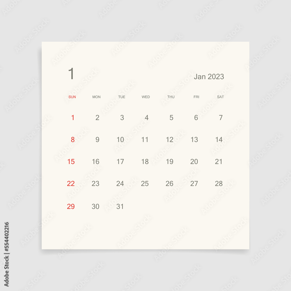 January 2023 calendar page on white background. Calendar background for reminder, business planning, appointment meeting and event. Week starts from Sunday. Vector illustration. January 2023 calendar page on white background. Calendar background for reminder, business planning, appointment meeting and event. Week starts from Sunday. Vector illustration.