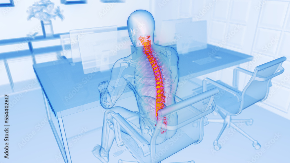 3D medical illustration of a man experiencing back pain at work Stock ...