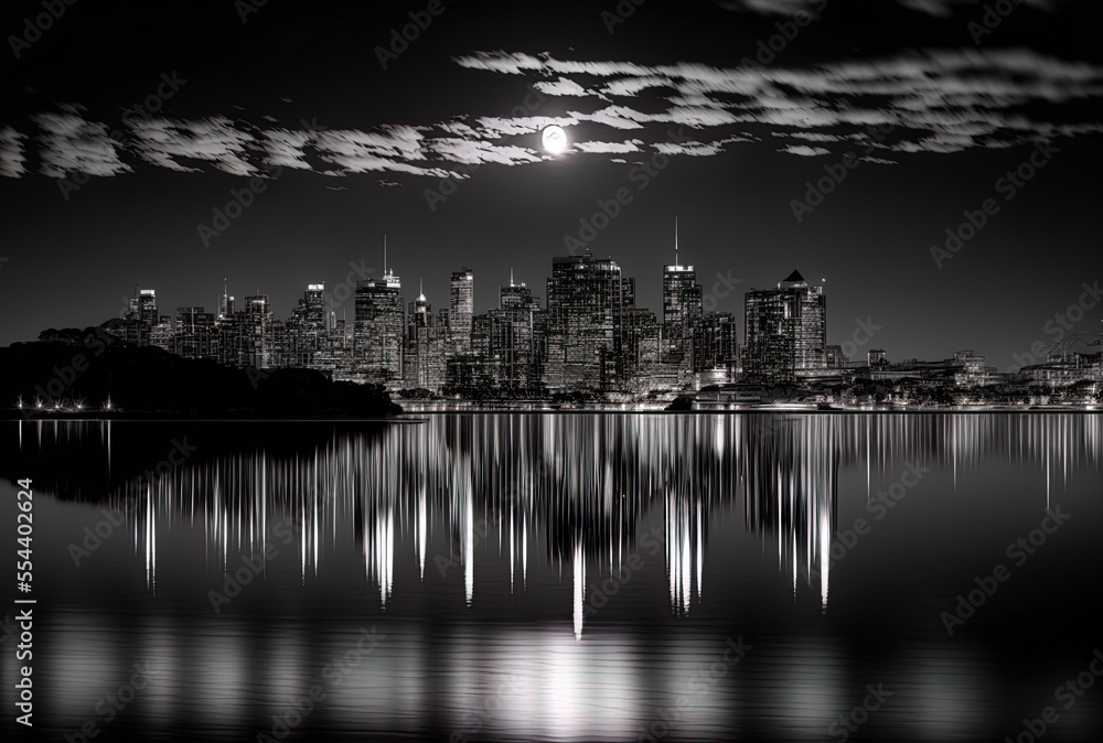 Beautiful Sydney Skyline at night, captured in black and white, as viewed from Farm Cove, with reflections in the water of the bay. Generative AI