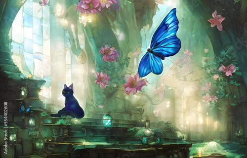 「Generative」「AI」猫とモルフォ蝶のいる幻想風景