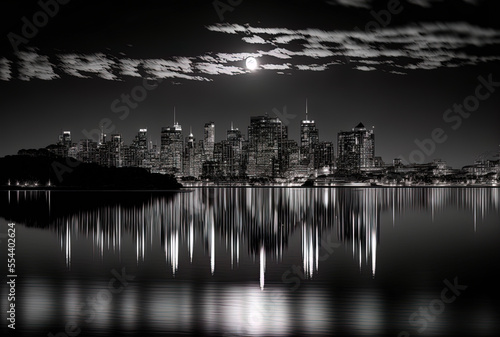 Beautiful Sydney Skyline at night, captured in black and white, as viewed from Farm Cove, with reflections in the water of the bay. Generative AI © 2rogan