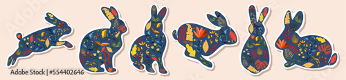 Rabbits sticker design set with beautiful blossom flowers for Spring, Easter. Autumn Festival or Chinese New Year 2023, year of the Rabbit zodiac sign. Vector illustration