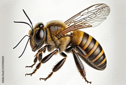 European or Western honey bee detail in Latin, Apis Mellifera, isolated on a white backdrop, golden honeybee. Generative AI