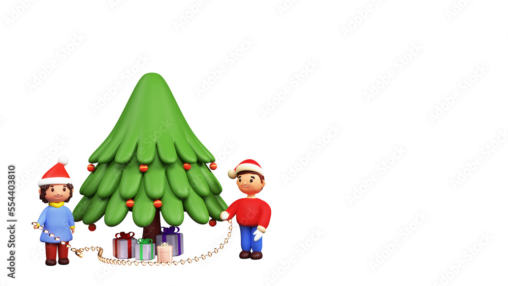 3D Render Of Cartoon Kids Holding Lighting Garland And Gift Boxes Under Xmas Tree Element. 3D Render Of Cartoon Kids Holding Lighting Garland And Gift Boxes Under Xmas Tree Element.