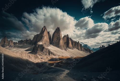Cloudy skies and a lovely sight of the Tre Cime di Lavardo mountains. Generative AI