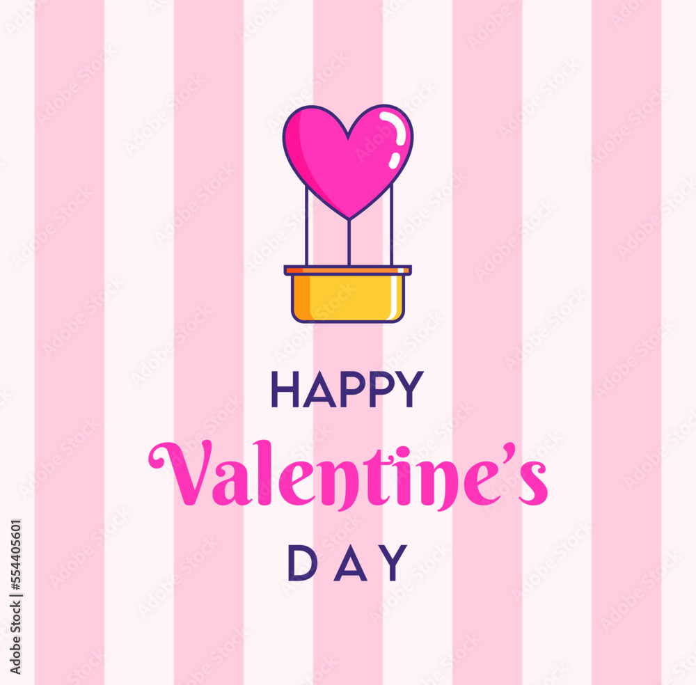 social media template for valentine's day, with vector illustration of a hot air balloon in the shape of a heart on a pink background