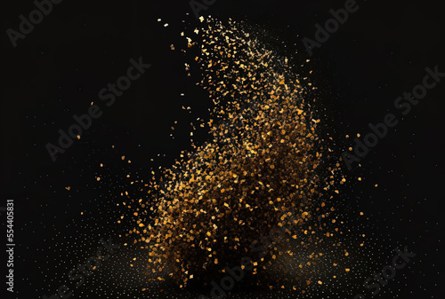 Black background with solitary golden confetti. Generative AI