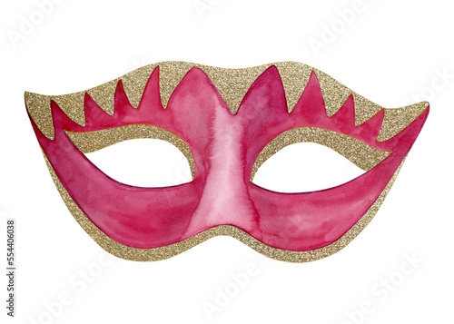 Red magenta Purim masquerade mask in Venetian style carnival mask, hand drawn wathercolor illustration isolated on white