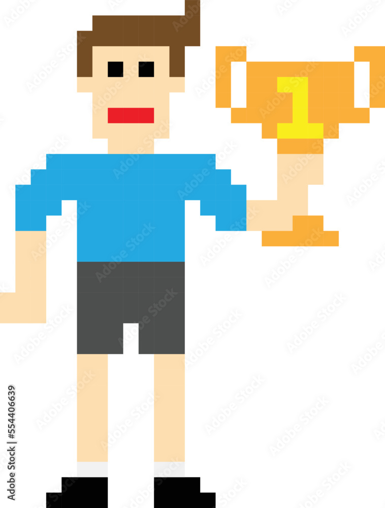 Obraz premium Boy Holding trophy Pixel art vector image.