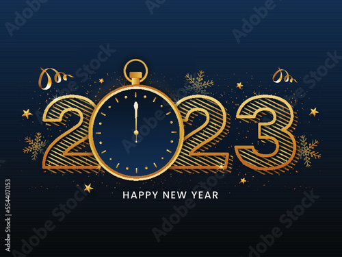 Golden Striped 2023 Number With Stopwatch, Snowflakes, Stars, Curl Ribbon Decorated On Blue And Black Background.