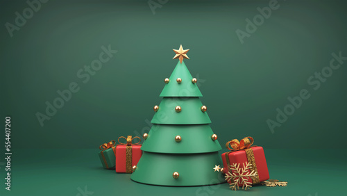 3D Render Of Christmas Tree With Gift Boxes  Golden Glitter Snowflakes And Copy Space On Green Background.