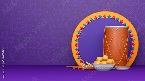 3D Render Of Punjabi Festival Elements And Empty Circular Frame On Purple Mandala Pattern Background. photo