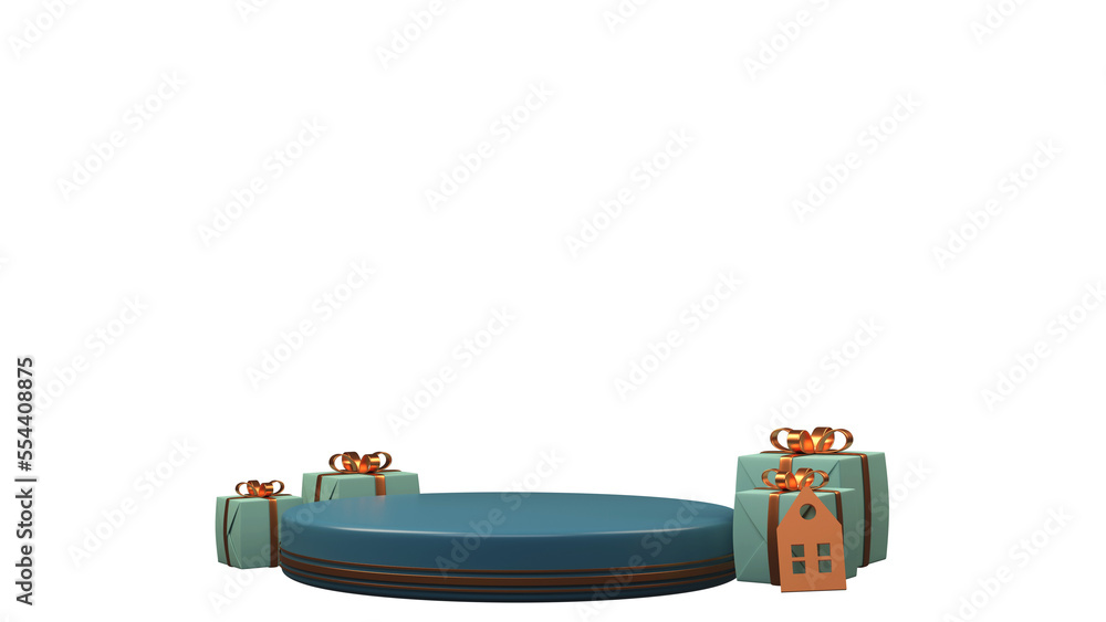 3D Render Empty Podium With Gift Boxes, House Symbol Element.