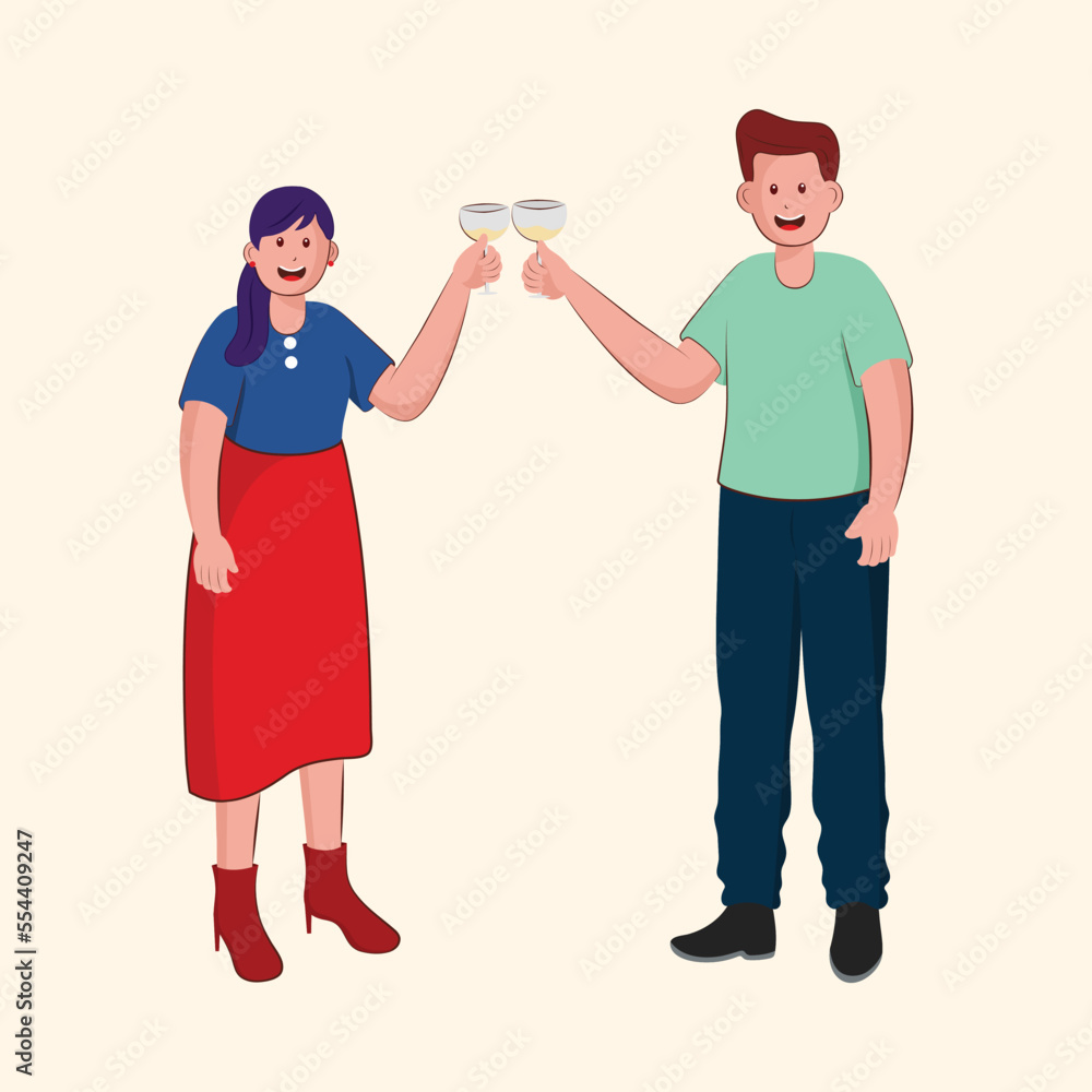 Cheerful Young Couple Cheers With Drink Glass In Standing Pose On Cosmic Latte Background.