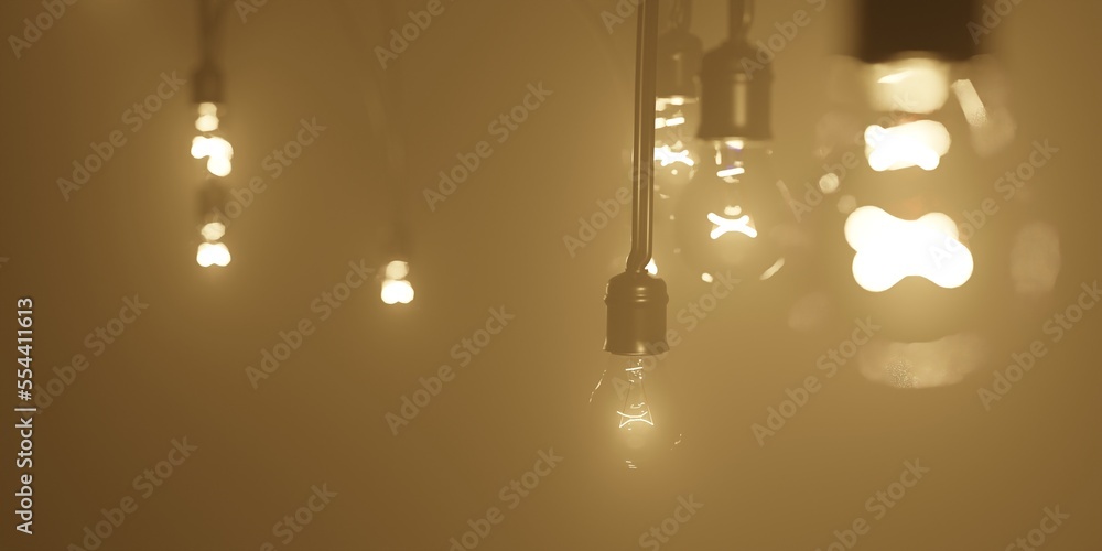 Lightbulb string closeup. Defocused hanging lamp with warm color light. 3d render background illustration Lightbulb string closeup. Defocused hanging lamp with warm color light. 3d render background illustration