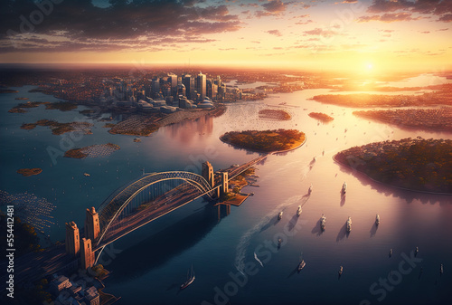 Wide aerial view of the City of Sydney at sunrise including the Anzac Bridge to North Sydney and the Harbour Bridge. Generative AI photo
