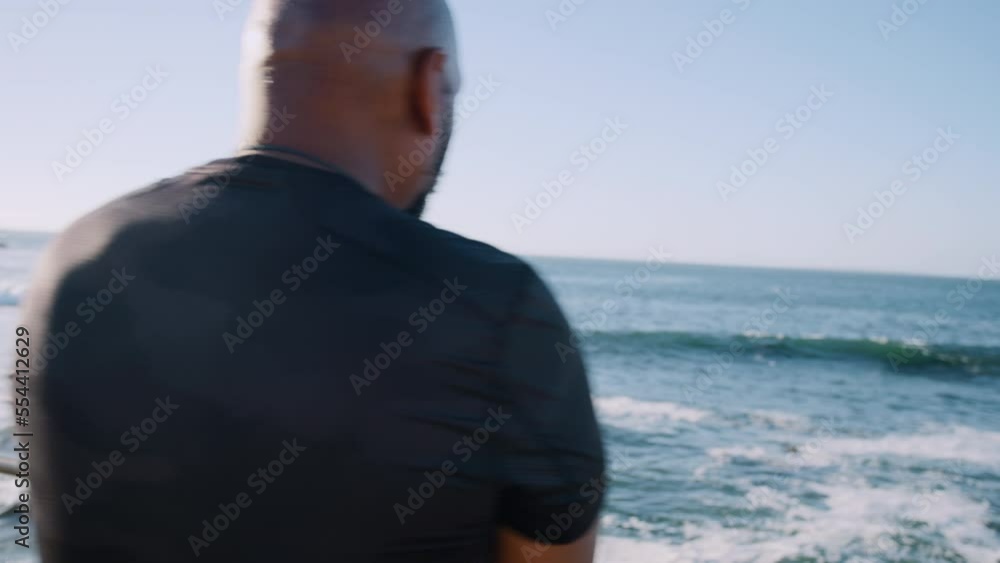 Man, stretching or weightloss fitness by beach, ocean or sea for fat control, healthcare management or wellness exercise. Chubby, normal person or sports athlete in warm up for nature running workout Man, stretching or weightloss fitness by beach, ocean or sea for fat control, healthcare management or wellness exercise. Chubby, normal person or sports athlete in warm up for nature running workout