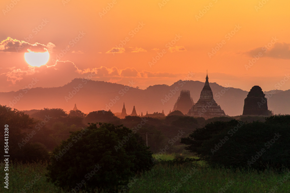 Myanmar Bagan historical site on magical sunset with beautiful sky and Buddhist temple panoramic view