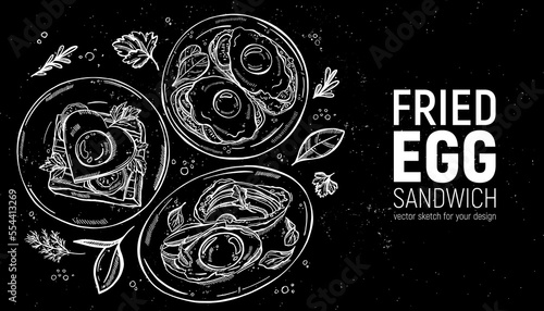 Set of toasts with eggs for breakfast. Hand-drawn vector sketch.