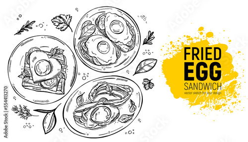 Set of toasts with eggs for breakfast. Hand-drawn vector sketch.