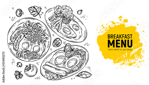 Breakfast food set, eggs, sausages, bacon and spices. Hand-drawn vector sketch for menu.