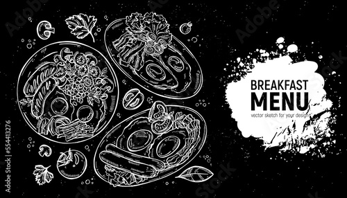 Breakfast food set, eggs, sausages, bacon and spices. Hand-drawn vector sketch for menu.