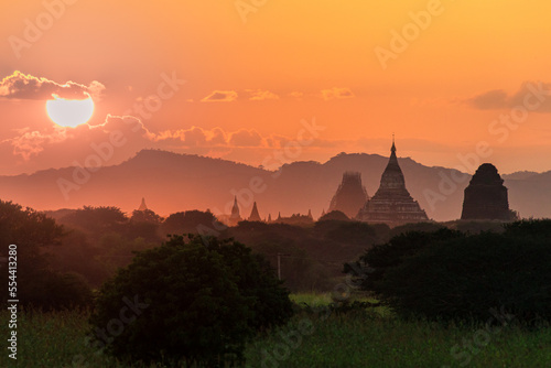 Myanmar Bagan historical site on magical sunset with beautiful sky and Buddhist temple panoramic view