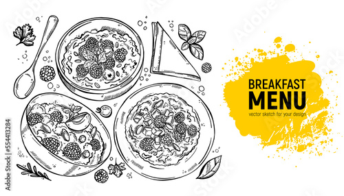 Set of different porridges for breakfast. Hand-drawn vector sketch for menu.