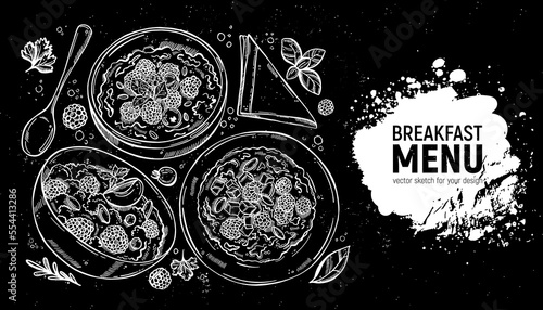 Set of different porridges for breakfast. Hand-drawn vector sketch for menu.