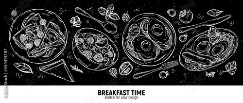 Set of dishes for breakfast. Eggs with bacon and sausages, toast with eggs and cucumber, porridge with berries and pancakes for dessert. Hand-drawn vector sketch.