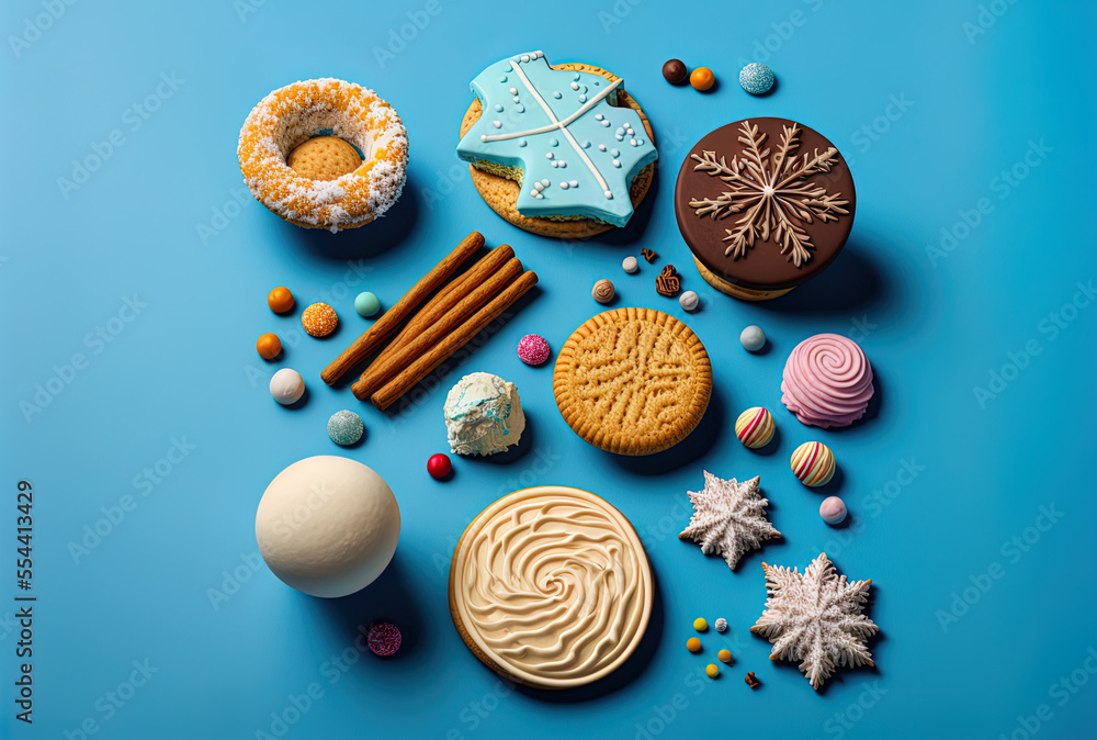 Various holiday treats against a blue background. Generative AI