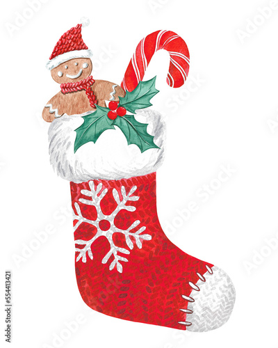 Christmas watercolor stocking with gift boxes and jingle bells.
