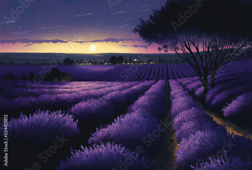 Up close At nightfall, fields of fragrant lavender blossom in unending rows. concentrating on lavender meadows' purple scented flowering bushes. Generative AI
