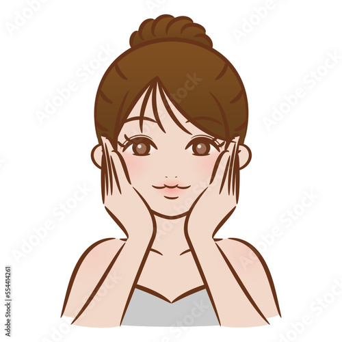 ブラッシュペンで描かれたイラスト /頬を抑えるアップスタイルの女性