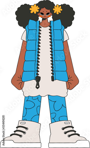 A afro girl in a long T-shirt and a blue Vest.