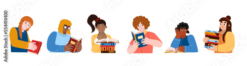 Multi-culture people read books. Only woman. Afrcan american, asian, caucasian, latino american are set of reading man characters. Vector illustration about diversity in cartoon style