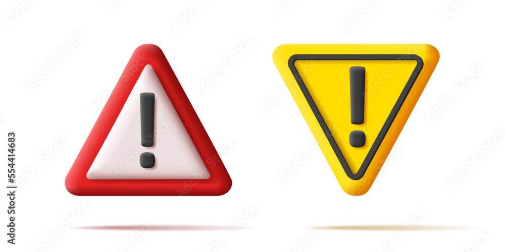 3d Red and yellow triangles warning sign with exlamation mark vector illustration. - obrazy, fototapety, plakaty 