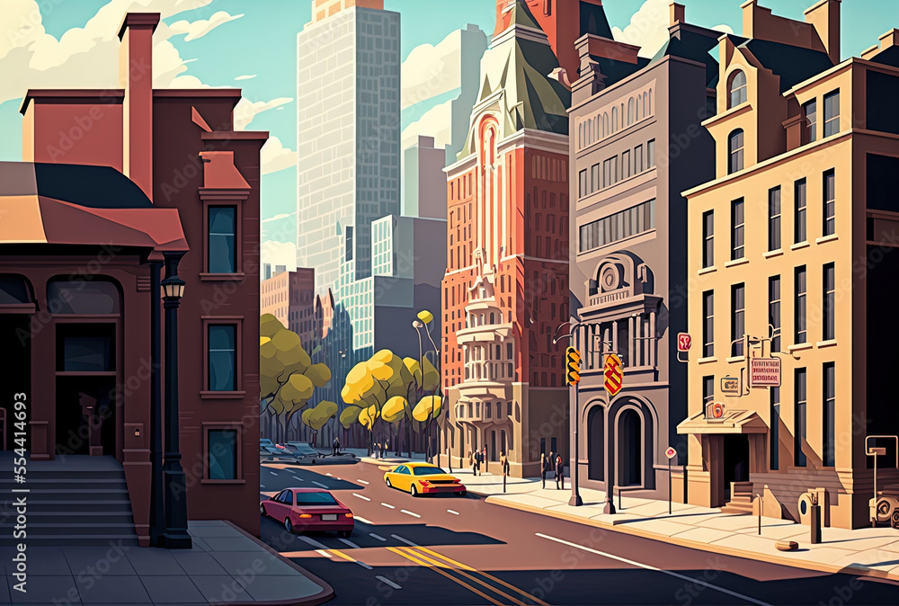 City street with residences, a car free lane, and a crossing for pedestrians. Cityscape and urban environment with residential buildings, offices, and businesses are shown in a cartoon backdrop
