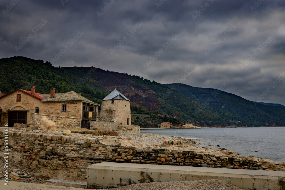 The harbour of Saint George the Zograf Monastery or Zograf Monastery in Greece. It was founded in the late 9th or early 10th century by three Bulgarians from Ohrid.