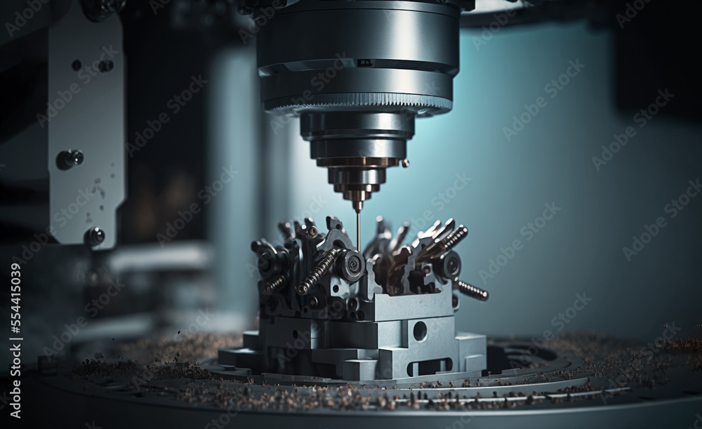 Metalworking CNC milling machine. Cutting metal modern processing technology. Generated AI Metalworking CNC milling machine. Cutting metal modern processing technology. Generated AI