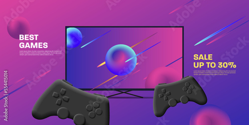 Game console with gamepads and large screen in abstract space background