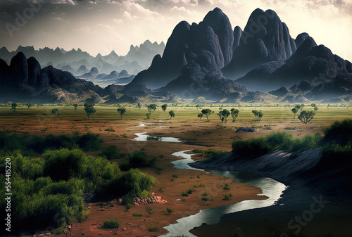 Plains and mountains in the landscape. Asia s nature in general. Generative AI