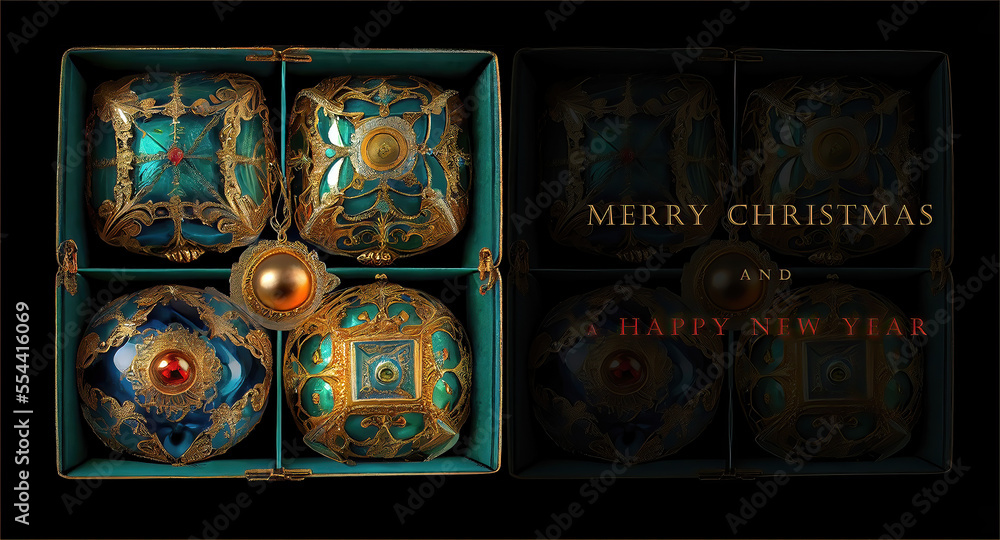 Boxes of Victorian sparkling glass Christmas tree ornaments. Generative AI/