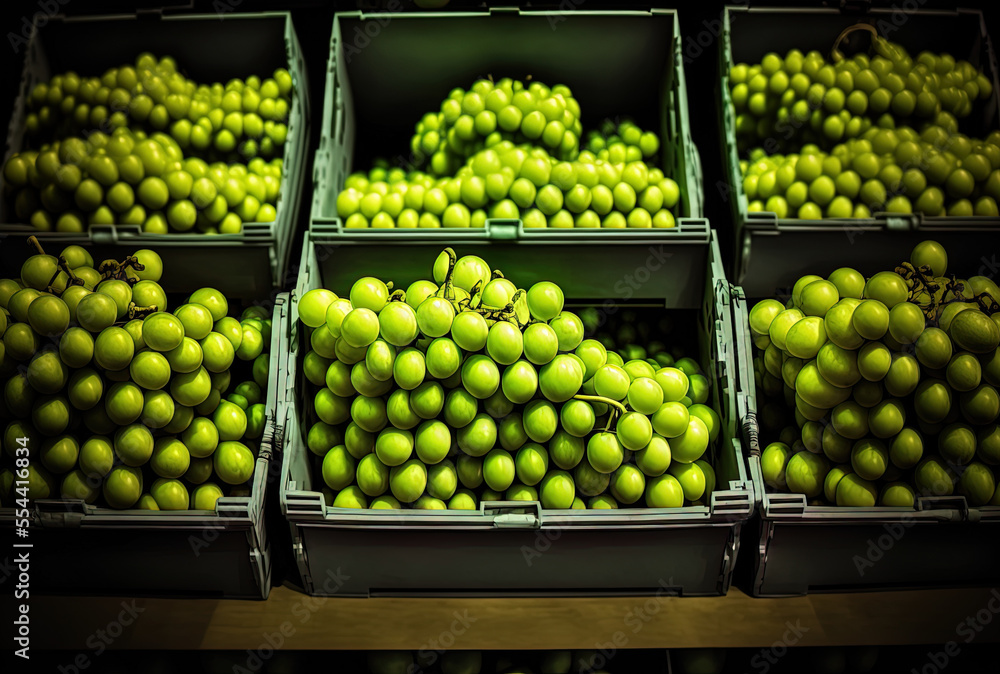 Green Grapes on Shelves at a Fresh Fruit Market in Thailand Background Concept. Generative AI